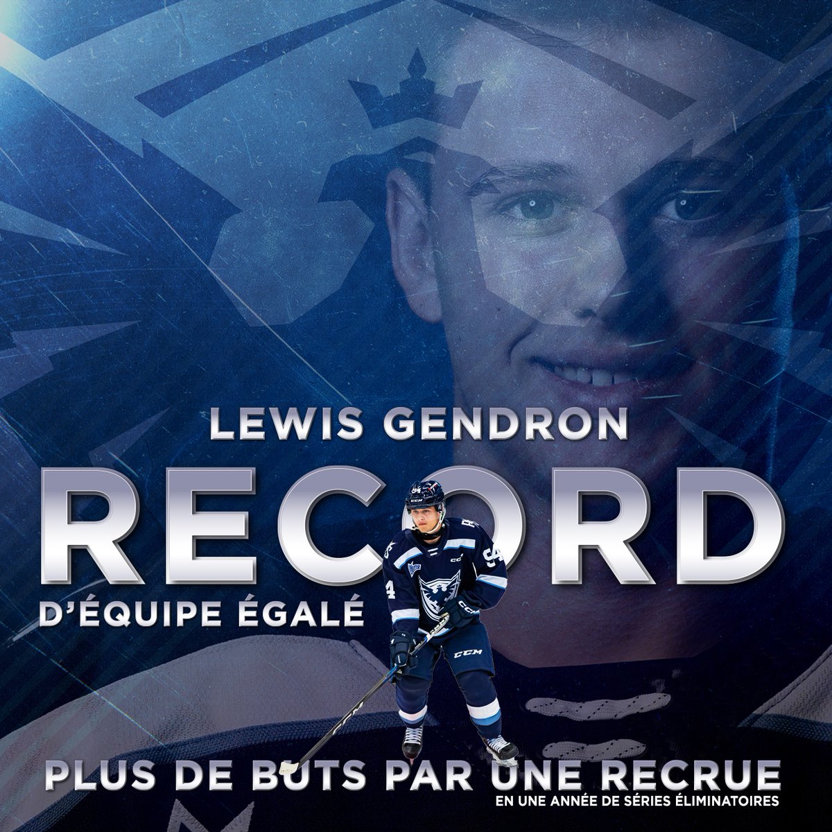 Record d'équipe égalé pour Lewis Gendron en séries éliminatoires avec 5 buts pour un joueur recrue. À égalité avec @Samuelpoulin lors de la saison 2018.