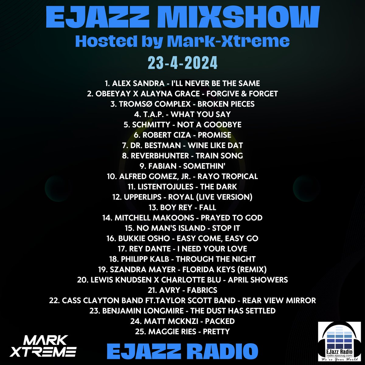 #EjazzMixShow Mon-Friday 1-2pm EAT on Ejazz Radio hosted by Dj Mark-Xtreme

23-4-2024 Playlist

#MixShow #Newmusic #goodmusic #Radio #Indieartists #indiemusic