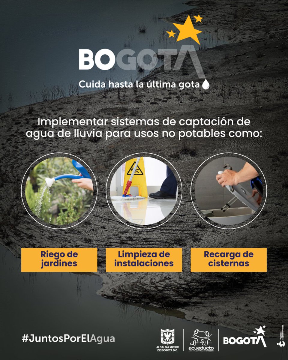 AcueductoBogota's tweet photo. ¡El futuro de Bogotá florece si aprovechas el agua del cielo! 🌧️
💡Implementa sistemas de captación para riego, limpieza y recarga de cisternas. 🏭
Actuemos #JuntosPorElAgua. Cuidemos hasta la última gota.💧 https://t.co/h4WdSC2YW8