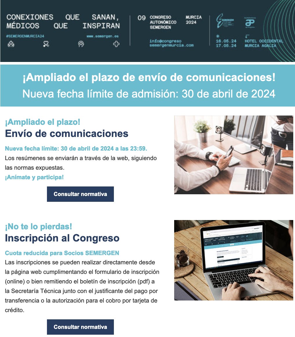 ⏰ATENCIÓN Ampliado plazo para envío de comunicaciones al IX Congreso Autonómico @SEMERGENMurcia 📆16 y 17 MAYO 👉Dispones de unos días más hasta el 30 de Abril. ¡No te quedes fuera! ℹ️semergen.es/congresomurcia/ #SEMERGENMurcia24