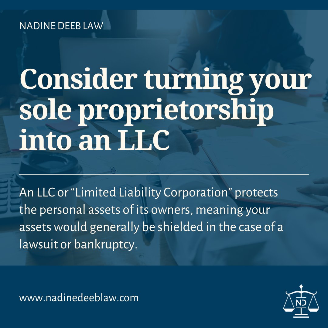 Converting your sole proprietorship into an LLC has many benefits. However, making the change without an attorney can be a risky proposition. Call Nadine Deeb Law for assistance.

#business #smallbusiness #businesslaw #businesslawyer #businessattorney