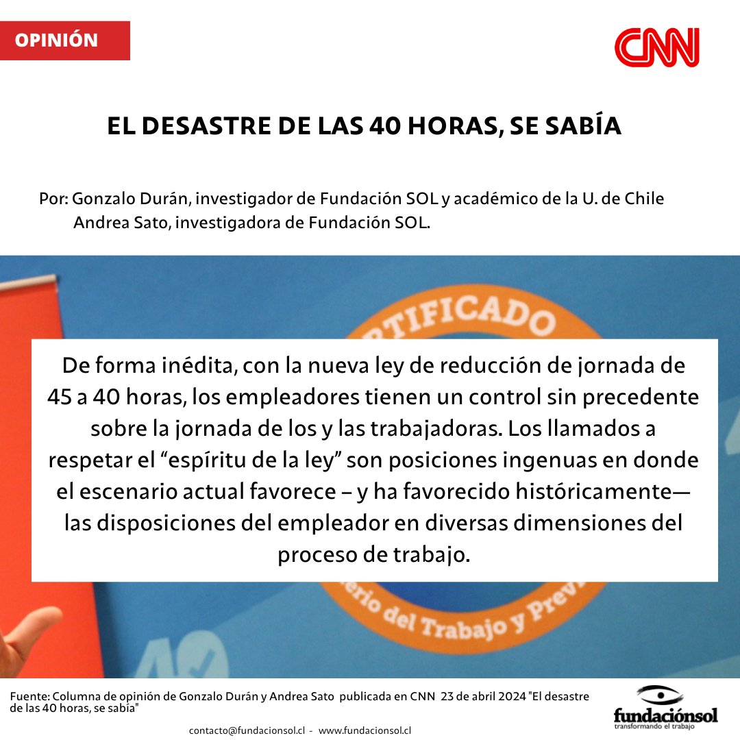 lafundacionsol's tweet photo. [OPINIÓN] El desastre de las 40 horas, se sabía: "A días de que entre en vigencia la ley de las 40 hrs., aparecieron denuncias desde los sindicatos, de que las empresas habían decidido una implementación “burlesca” de la norma: reducir 12 minutos cada día" https://t.co/sdVllg2qKV https://t.co/91Sy7S89f4