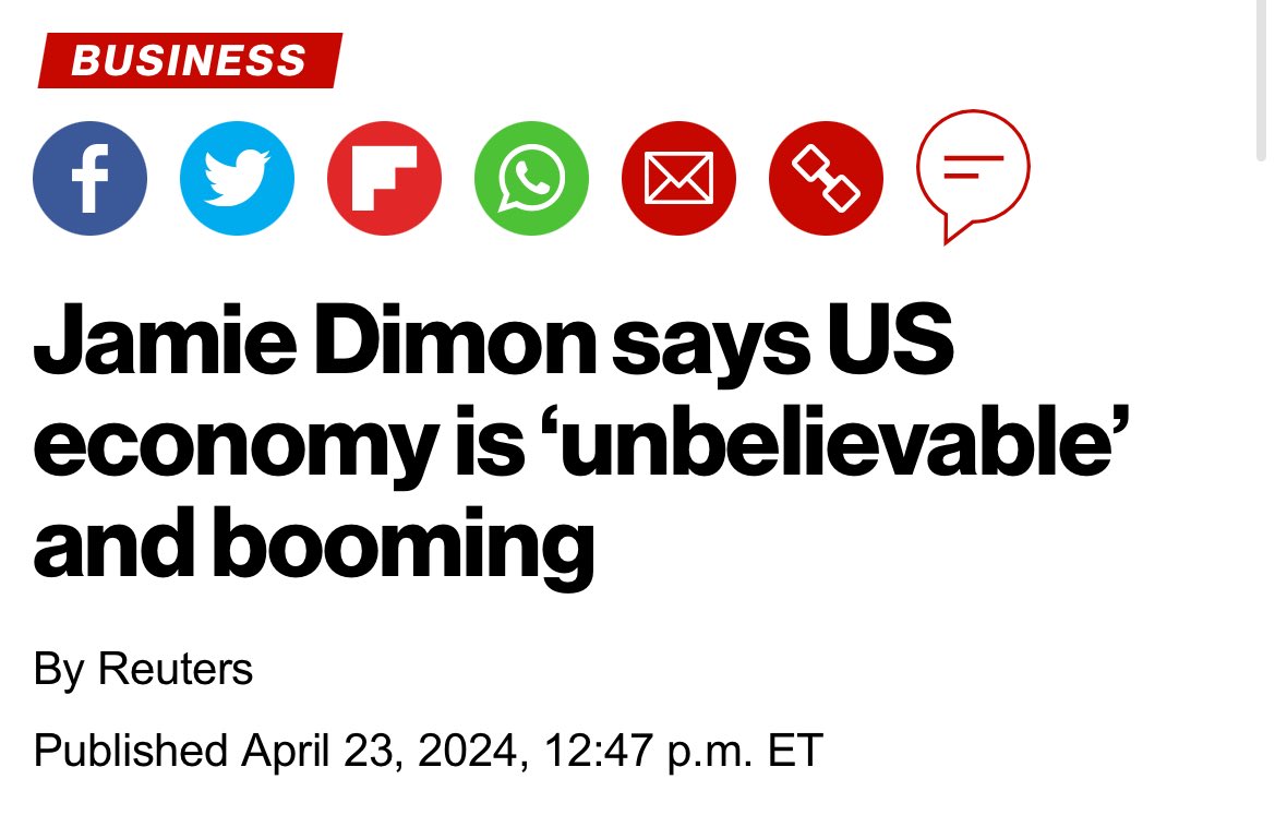 The US economic boom is “unbelievable, Dimon said. “Even if we go into recession, the consumer’s still in good shape.” @nypost $JPM @EconClubNY nypost.com/2024/04/23/bus…