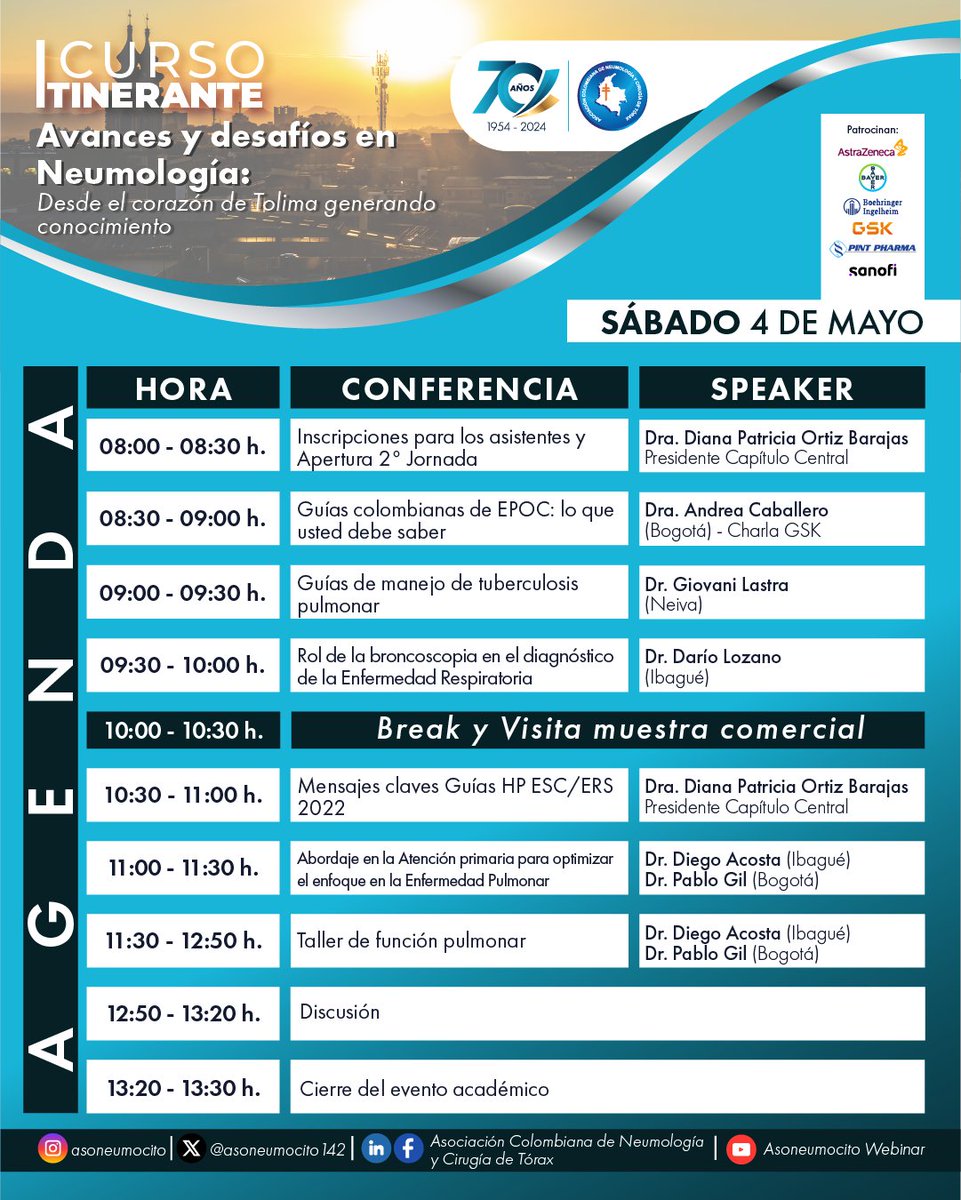 #Ibagué El Capítulo Central los invita al curso itinerante: 'Avances y desafíos en #Neumología: desde el corazón del Tolima generando conocimiento'. ✍️ Curso sin costo - PRESENCIAL 🗓️ 3 - 4 de mayo 📍 Hotel Estelar Altamira - Ibagué ⬇️Inscríbete aquí⬇️ asoneumocito.forms.app/inscripcion-ib…