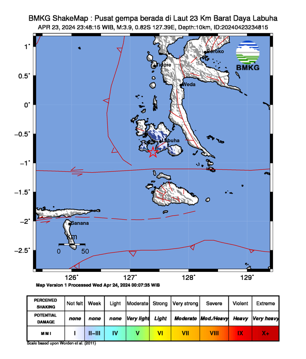 #Gempa (UPDATE) Mag:3.9, 23-Apr-24 23:48:15 WIB, Lok:0.82 LS, 127.39 BT (Pusat gempa berada di Laut 23 Km Barat Daya Labuha), Kedlmn:10 Km Dirasakan (MMI) III Labuha #BMKG via @infoBMKG