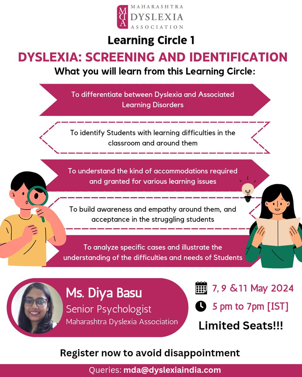 !!!Registrations are now open for Learning Circle 1!!!

Click here to register now :forms.gle/xZC14coYmsqbkP…

For any queries, contact mda@dyslexiaindia.com
