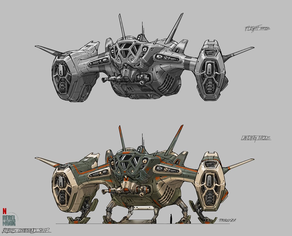 Rebels Command Ship - Rebel Moon. Early concept sketch for the Insurgent Ship. Looking for an aggressive landing stance w/ this design, but before going w/ the V-22 look for final. The shapes are all over the map here. Still, I like how monstrous he looks #RebelMoon #conceptart