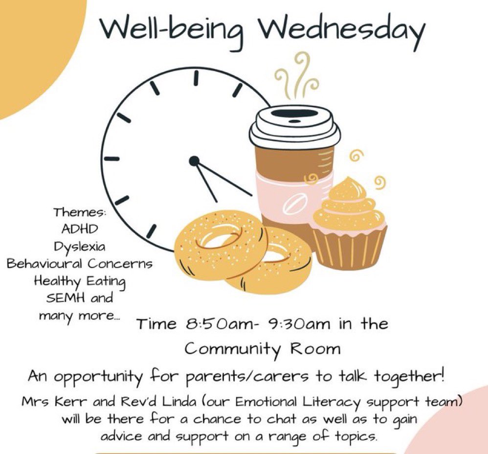 Our Well-being Wednesday tea/coffee morning is tomorrow for our parents and carers. We look forward to seeing you! #timetotalk #community #support #chat