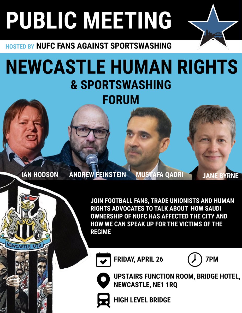 NUFC Fans Against Sportswashing (NUFCFAS) are holding a NEWCASTLE HUMAN RIGHTS / SPORTSWASHING FORUM on April 26th and we invite participants who want to discuss the effect the Saudi state takeover of the club has had on local press coverage of the issues and on local democracy👇🏽