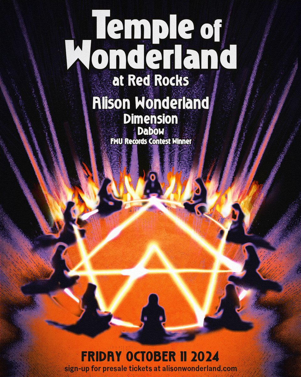 RED ROCKS. Our annual gathering shall commence October 11. Presale starts tomorrow (Wednesday) 10am MT. sign up at alisonwonderland.com for presale code. Then it goes on sale Friday