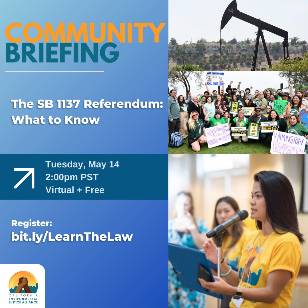 Registration open! Join Political Director Mabel Tsang for a community briefing to learn about the #environmentaljustice law that #BigOil is pouring millions into repealing. 🗓️Tues, 5/14, 2pm PST ℹ️Virtual + Free 🔗bit.ly/LearnTheLaw #keepthelaw #nodrillingwherewereliving