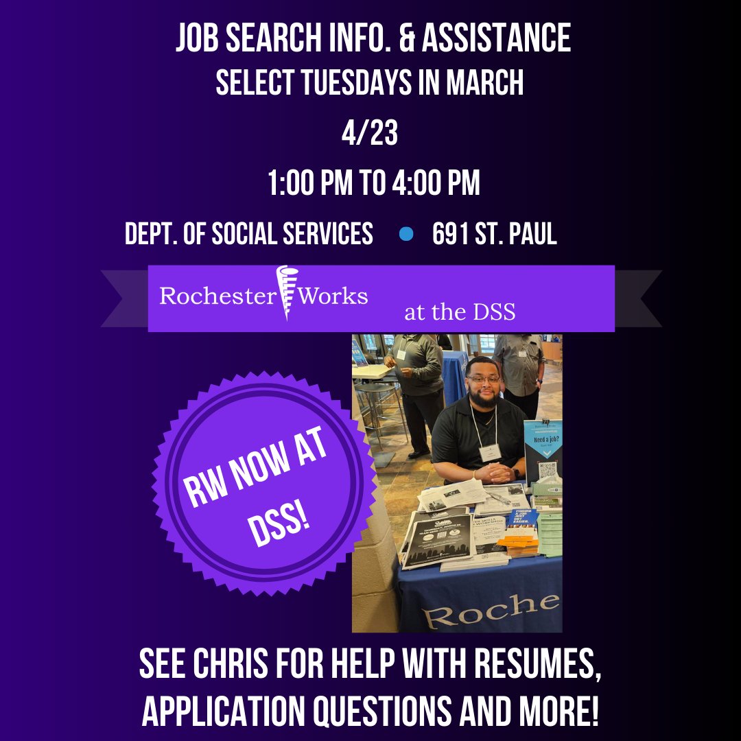 RochesterWorks Career Services Advisor Chris will be at DSS 691 St.Paul, providing FREE job search information and assistance to help you with your job search! Come take advantage of these resources. No appointment needed!

#JobSeekers #JobAssistance #YouthEmployment