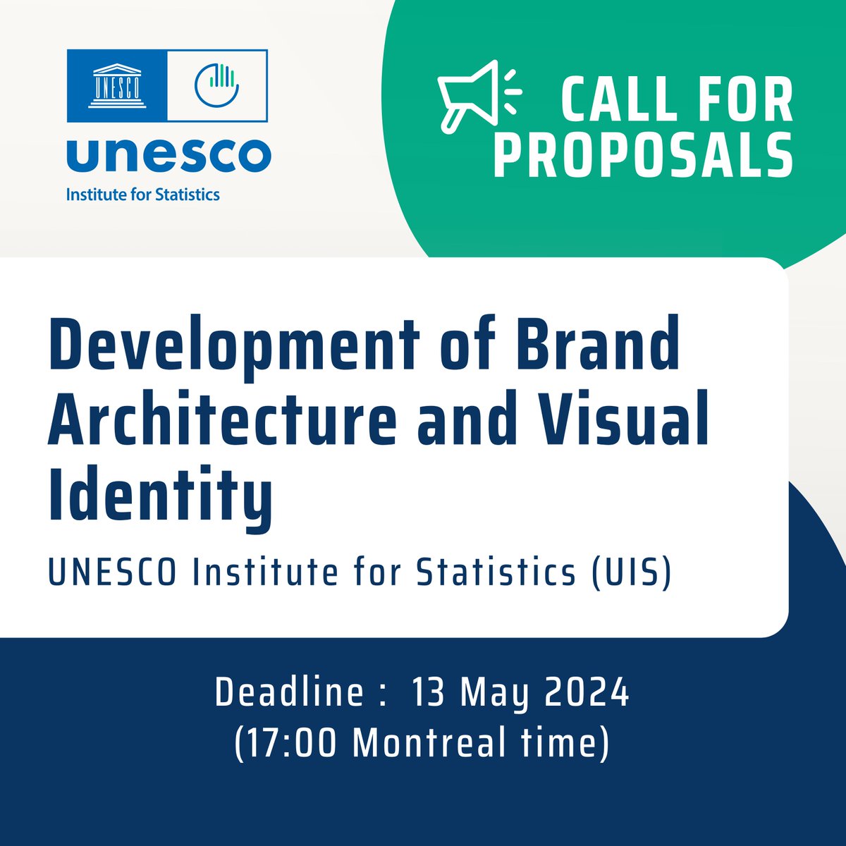 📢 Call for Proposals! #UIS_UNESCO @UNESCOstat is seeking proposals from companies to develop a comprehensive Brand Architecture and Visual Identity for the UNESCO Institute for Statistics (UIS) Details ➡️ ungm.org/Public/Notice/… ⏰ Deadline: 13 May 2024 (17:00 Montreal Time)