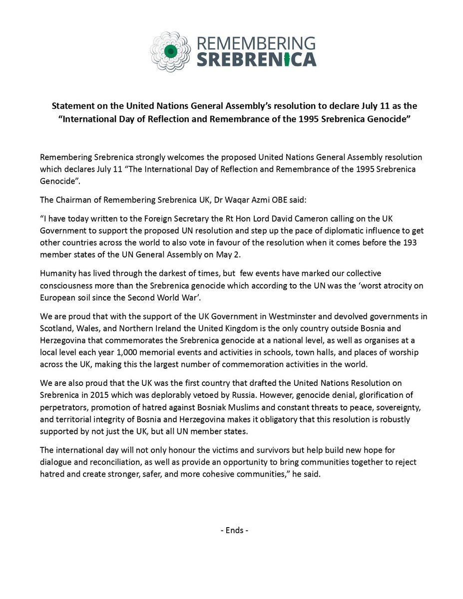 Our statement on the United Nations General Assembly’s resolution to declare July 11 as the 'International Day of Reflection and Remembrance of the 1995 Srebrenica Genocide.'