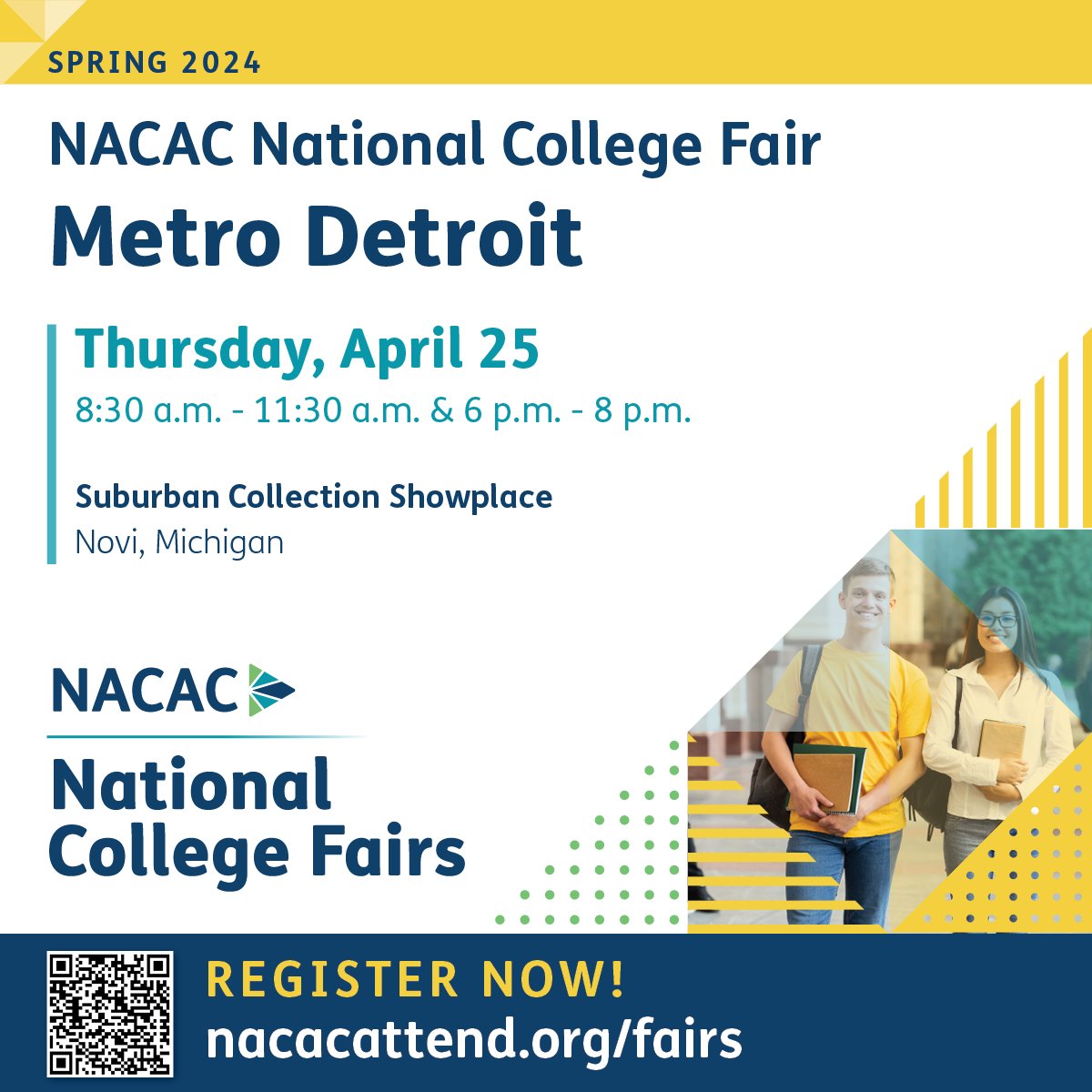 #NACAC Metro Detroit National College Fair: Join us Wednesday, April 25, at the Suburban Collection Showplace for two sessions. Register now: nacacattend.org/fairs