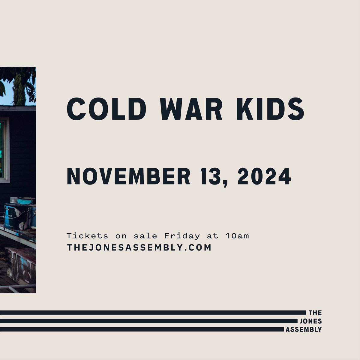 The Jones Assembly (@thejonesokc) on Twitter photo NEW SHOW ALERT 🚨 We’re bringing <a href="/ColdWarKids/">Cold War Kids</a> back to our stage this fall on 11/13 for their 20-Year Tour! Get tickets to see their unmatched sound and eclectic style, on sale this Friday at 10am. 🎟️ NEW SHOW ALERT 🚨 We’re bringing <a href="/ColdWarKids/">Cold War Kids</a> back to our stage this fall on 11/13 for their 20-Year Tour! Get tickets to see their unmatched sound and eclectic style, on sale this Friday at 10am. 🎟️