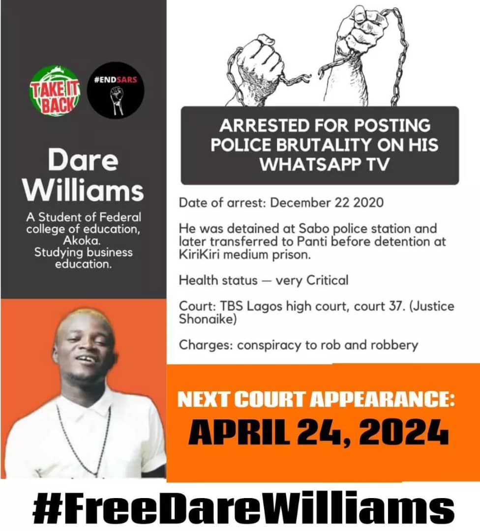 One of the #Endsars detainees, Dare Williams, will be at TBS high court tomorrow morning by 8am. Pls join us if you can.