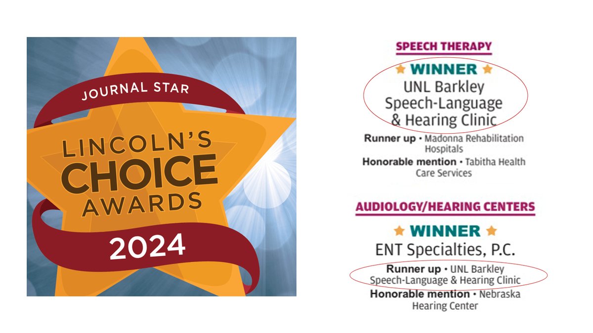 In case you missed it this weekend: The Barkley Speech Language and Hearing Clinic was voted Lincoln's Choice Award winner for speech therapy and runner-up for audiology/hearing centers!

Story >> go.unl.edu/eubg

@UNLincoln @UNLSECD #UNL #UNLCEHS #LincolnNebraska