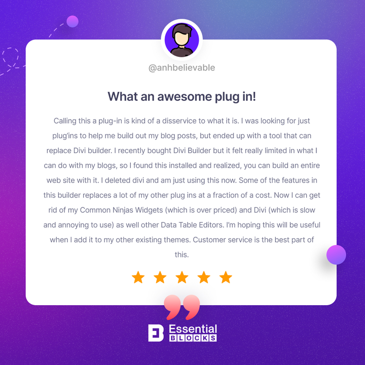 EssentialBlocks's tweet image. It&apos;s humbling to hear how our tool has become an integral part of your website-building process, replacing multiple plugins. Thank you for your trust and for being a part of our journey. Here&apos;s to continued success and innovation. 🌟

#EssentialBlocks #UserFeedback