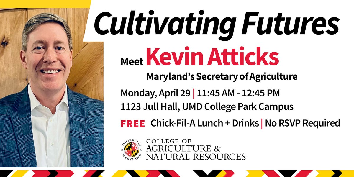 Students: you're invited to a very special visit from @MdAgDept Secretary Kevin Atticks next Monday, April 29 at 11:45am in Jull Hall, room 1123. Lunch and beverages will be provided, no registration is required.