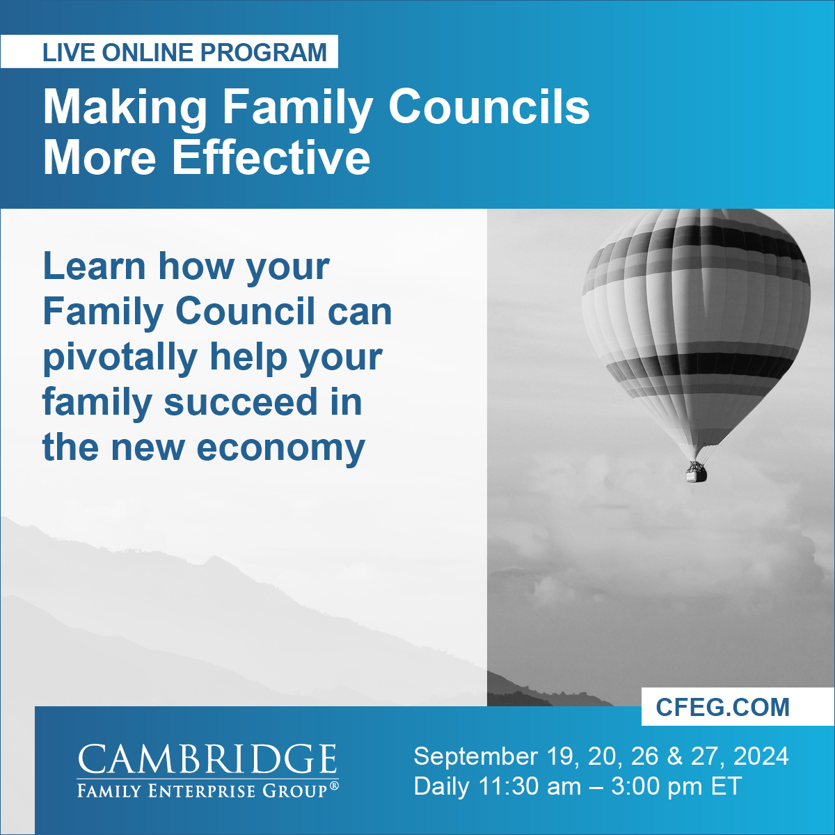 Early registration discount ends June 21. Register by then to save $500 per person.

Join us: Making Family Councils More Effective: a four-session, live, online workshop designed to help Family Councils worldwide be more strategic and valuable.

cfeg.com/programs/makin…