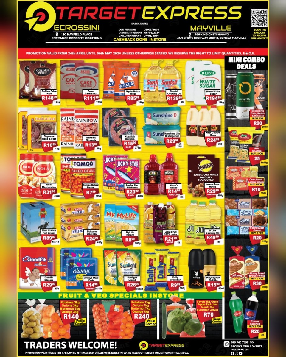 targetcnc's tweet photo. π΄π― Weekly Specials π―π΄
Everyday Low Prices...
π― Promotion Valid from 24/04/2024 until 06/05/2024
π― Massive Combo Deals
π― Traders Welcome
Prices Valid while Stocks last.
#Target #express #cashandcarry #targetexpress #targetexpressecrossini #targetsupermarketmayville https://t.co/DSCy7DqjvF