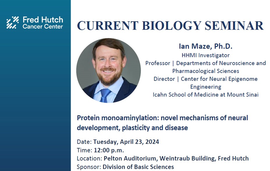 'Protein monoaminylation: novel mechanisms of neural development, plasticity and disease' We’re excited to have Dr. Ian Maze (@themazelab) joining us from @IcahnMountSinai for today’s Current Biology Seminar! For @FredHutch colleagues, don’t miss a great talk in Pelton at noon!