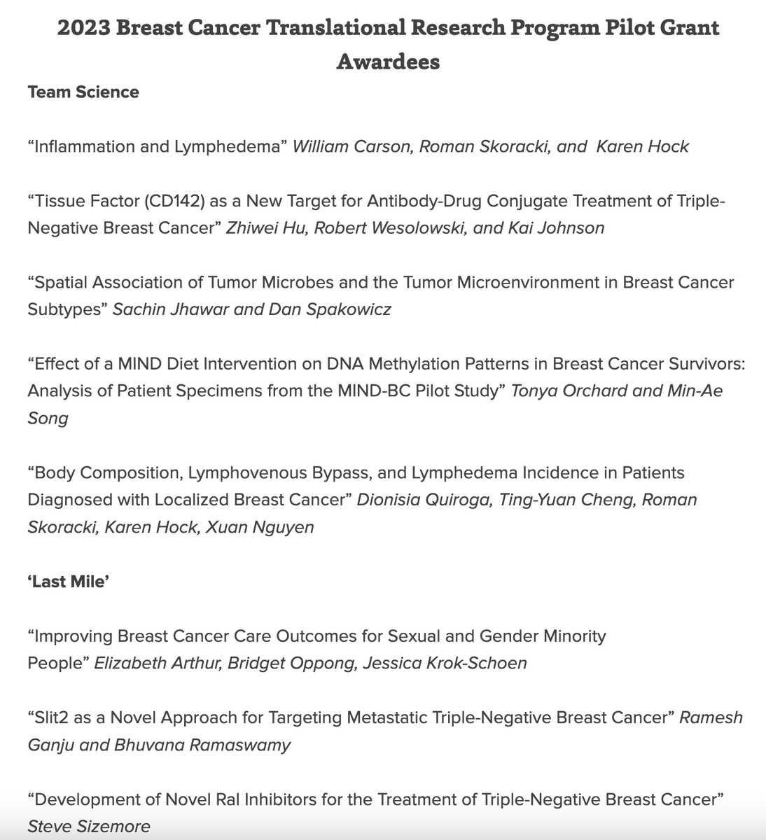 Translational breast cancer research @OSUCCC_James is on 🔥! Excited to fund 8 diverse grants supporting new teams & 'last mile' grant resubmissions u.osu.edu/bctrp/funding/…… Congrats to all! @quirogad @dspakowicz @sizemorelabs1 @OncScienceNurse et al @OSUWexMed @OhioStatePIIO