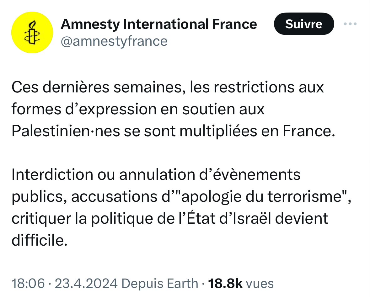 Amnesty, ce foutage de gueule permanent. Pour eux condamner ceux qui qualifient de 'légitimes' ou de 'résistants' les monstres islamistes du Hamas c'est de la 'restriction aux formes d'expression en soutien aux Palestinien.nes' L'humanitaire sous LSD.