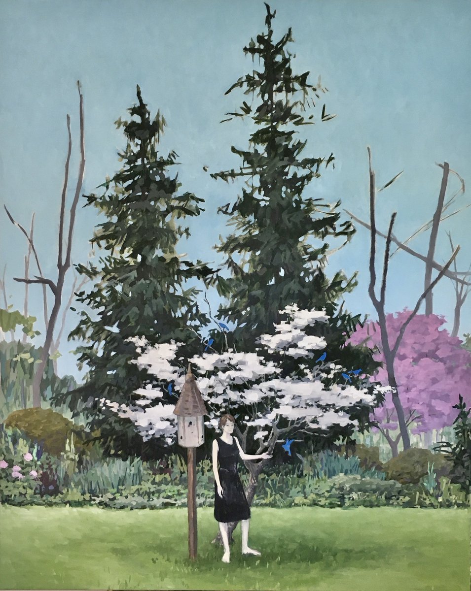 In our IN #SPRING #artexhibition #painting by KK Kozik - View Exhibit vb-contemporary.com - #artlovers #floralart #vbcontemporary #contemporaryart #landscapeart #artcollector #artnews #NYtimes #artcall #nycarts #newyorker #kunst #artinamerica #modernart #trees #bluebirds #art