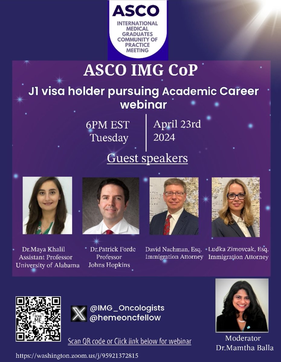 Join us with @IMG_Oncologists for webinar by @ASCO IMG CoP - Visa, Mentorship & Advocacy Committee, on J1 visa waiver processes for those interested in academia!
- Types of waivers 
- J1 to O2 transitions 
📅April 23rd, 6 PM EST
Looking forward to seeing all #IMGs of #MedTwitter