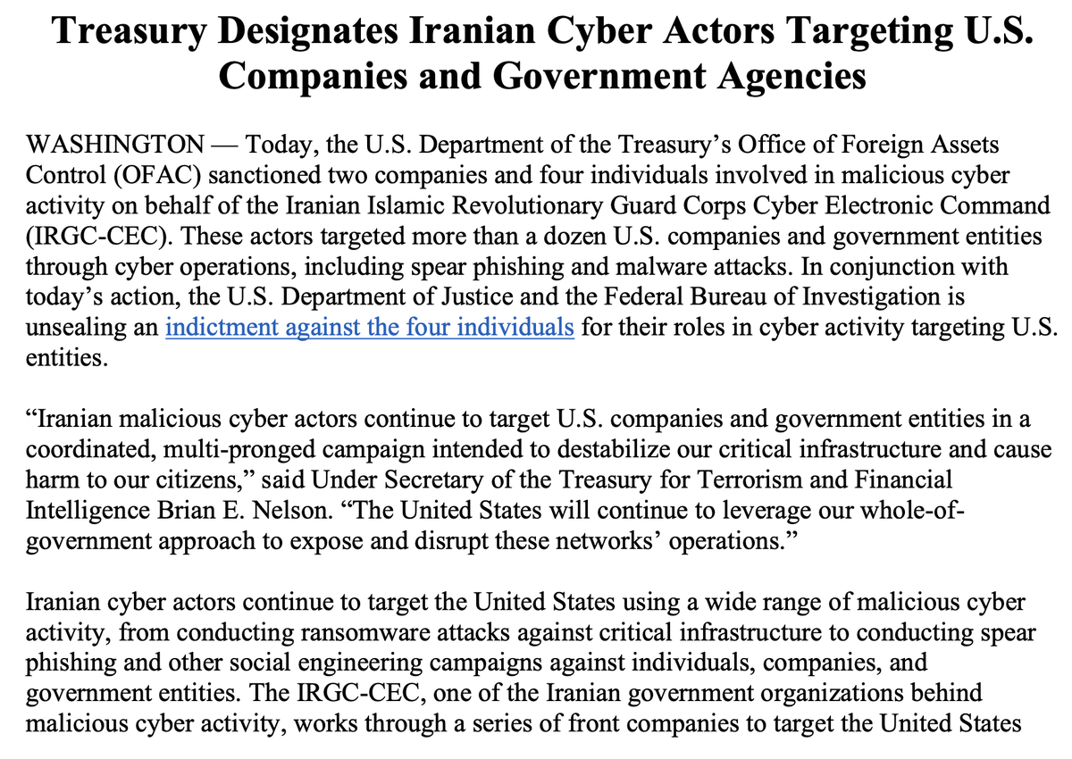 BREAKING: Treasury sanctions Iranians who targeted 'more than a dozen US companies & government entities through cyber operations, including spear phishing and malware attacks' on behalf of the IRGC.