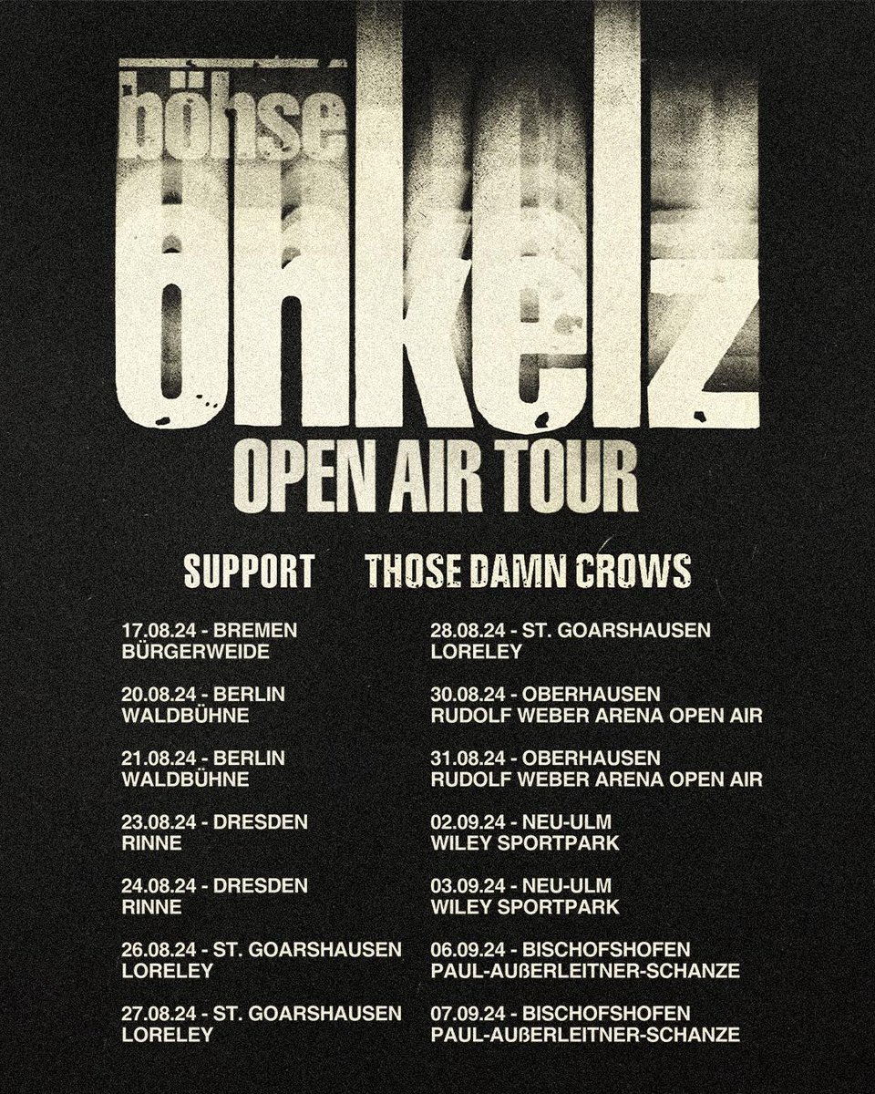 Confirmed: Germany are in for even more @ThoseDamnCrows live shows this year!🇩🇪

Having just returned home from a monster tour with Takida, they’ll be back this Aug/Sep for some immense open air stadium shows with @onkelzoffiziell 🤘

Who’s lucky enough to have a ticket?!🎟️