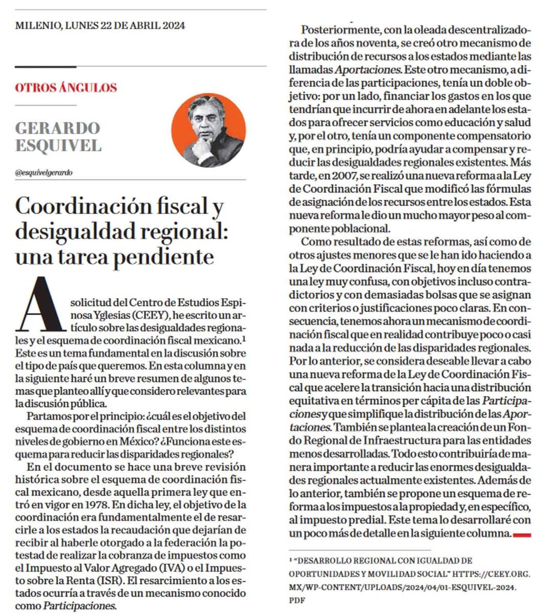 Mi artículo de esta semana en @Milenio: 'Coordinación Fiscal y Desigualdad Regional: una tarea pendiente' El documento que se menciona en el artículo lo pueden leer aquí: ceey.org.mx/wp-content/upl…