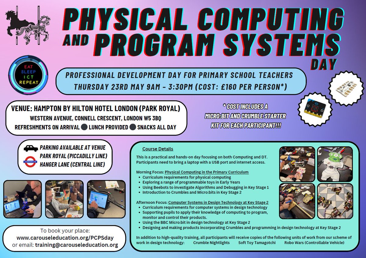 CarouselEduc's tweet image. Great training opportunity for Key Stage 2 teachers and DT subject leads. Learn about physical computing and how to use your Crumbles and Microbits effectively in your DT curriculum #designtechnology #keystage2
