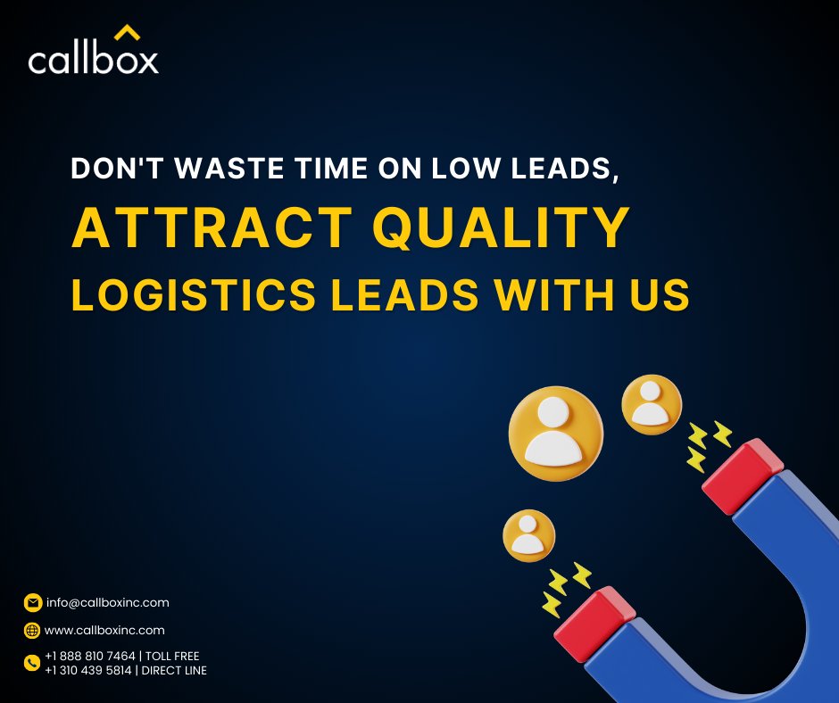 Expand Your Logistics Network with Callbox Today! 🚚

Callbox supports #logistics and supply chain solutions providers by developing and implementing strategic B2B lead generation and appointment setting initiatives.

Learn More: hubs.ly/Q02tPWhg0 

#b2bleadgeneration