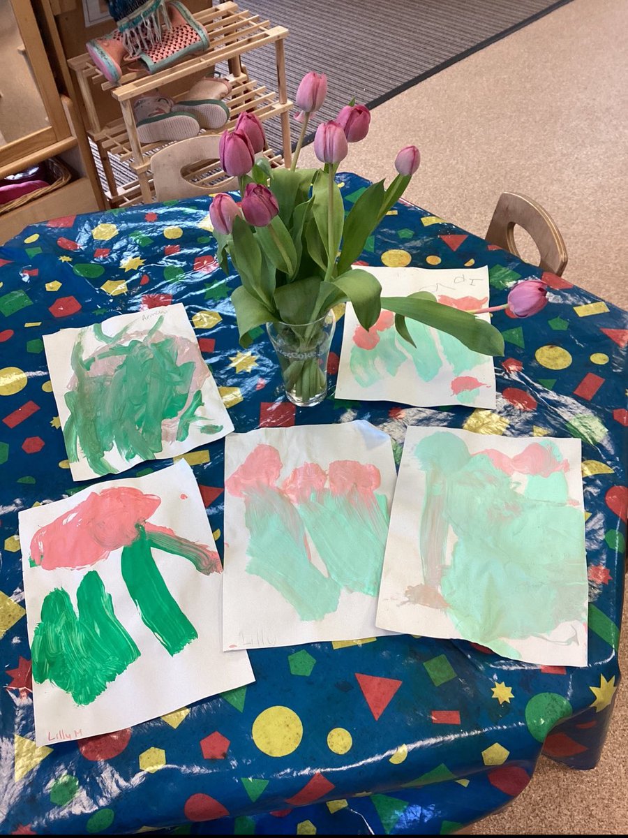 The Nursery children are working independently this week painting observational pictures of tulips . We all see things in different ways here is some of our lovely work . @Vision_M_A_T