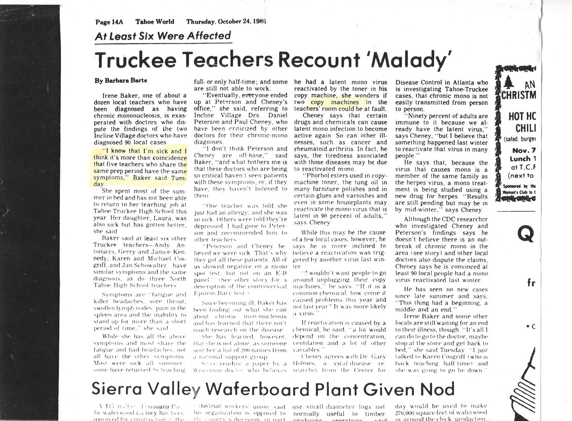 The original CFS cluster. The Truckee teachers.
Never investigated!
Or CFS researchers would have known about the Sick Building Syndrome factor.
If they claim to have 'known it all along' then they are guilty of misconduct for using deliberate omission to hide it from the world.