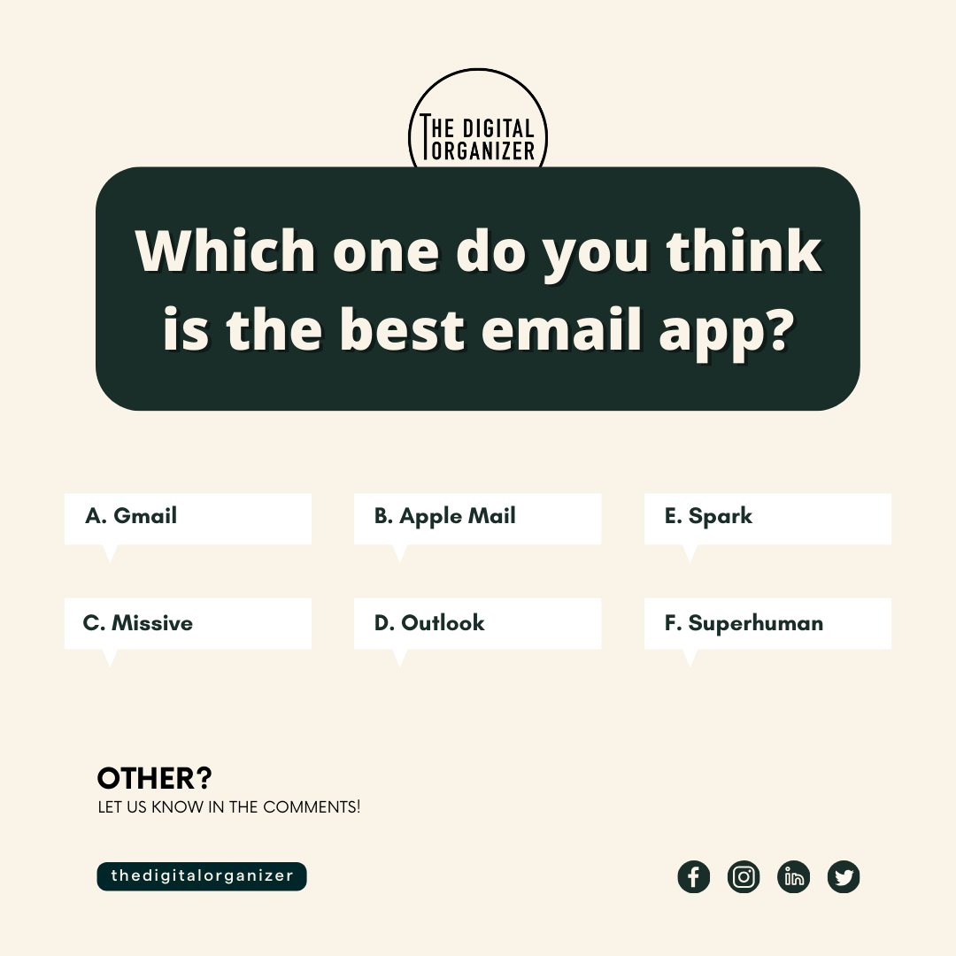 DgtlOrganizer's tweet image. What&apos;s your go-to email app? Share your favorites in the comments below! 📧💬

#EmailApps #InboxOrganization #TechFavorites #DigitalProductivity #ShareYourThoughts