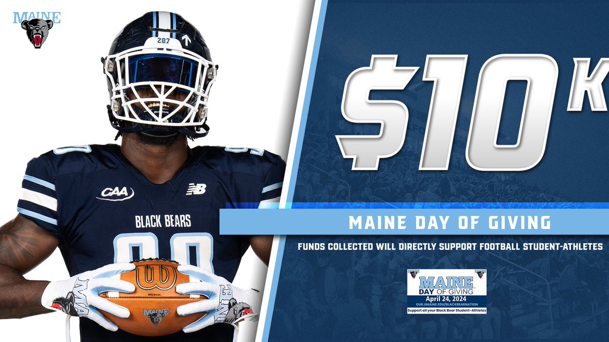 🗣 Football Family! Tomorrow (April 24) is the annual Maine Day of Giving. Our goal has been set to raise $10,000 with all funds collected going directly to support our football student-athletes. Give: our.umaine.edu/football24 Thank you for your support! #BlackBearNation