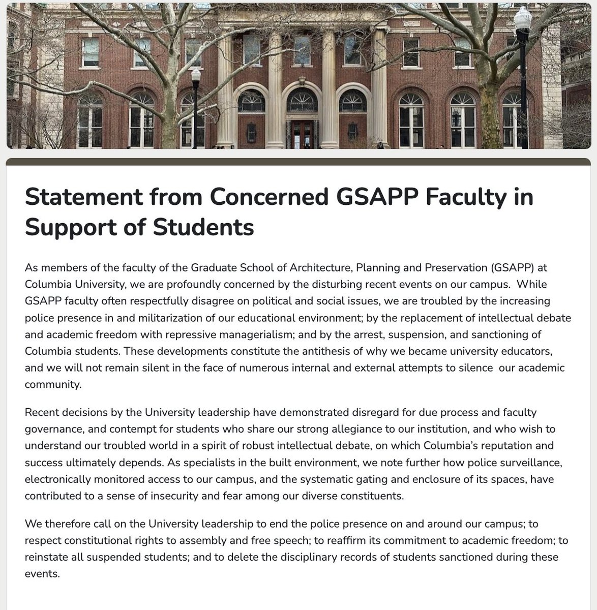 Laura Kurgan (@laurakurgan) on Twitter photo In solidarity with my
<a href="/ColumbiaGSAPP/">Columbia GSAPP</a> friends and colleagues. Their multiple opinions, expertise and politics is what makes us a strong, committed faculty, as well as creates an environment which defends academic freedom and free speech. See: docs.google.com/forms/d/e/1FAI… In solidarity with my
<a href="/ColumbiaGSAPP/">Columbia GSAPP</a> friends and colleagues. Their multiple opinions, expertise and politics is what makes us a strong, committed faculty, as well as creates an environment which defends academic freedom and free speech. See: docs.google.com/forms/d/e/1FAI…