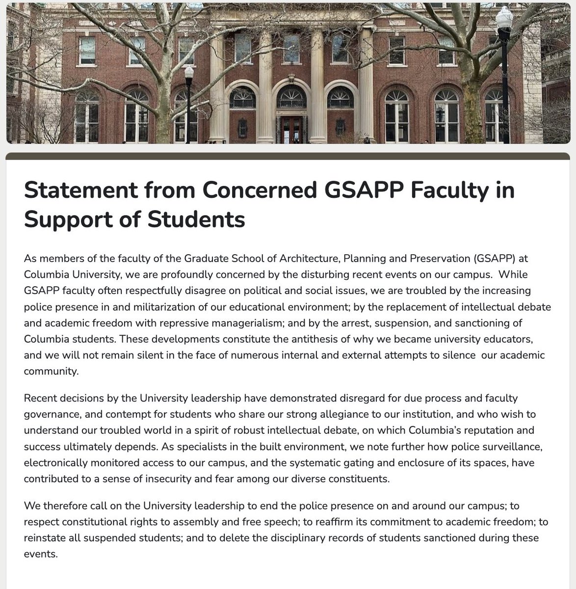 In solidarity with my @ColumbiaGSAPP friends and colleagues. Their multiple opinions, expertise and politics is what makes us a strong, committed faculty, as well as creates an environment which defends academic freedom and free speech. See: docs.google.com/forms/d/e/1FAI…