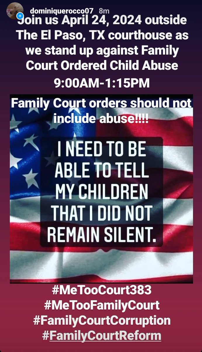Join us tomorrow April 24, 2024 outside the El Paso, TX courthouse, 9:00-1:15.
#MeTooCourt383
#MeTooFamilyCourt
#FamilyCourtCorruption
#FamilyCourtReform