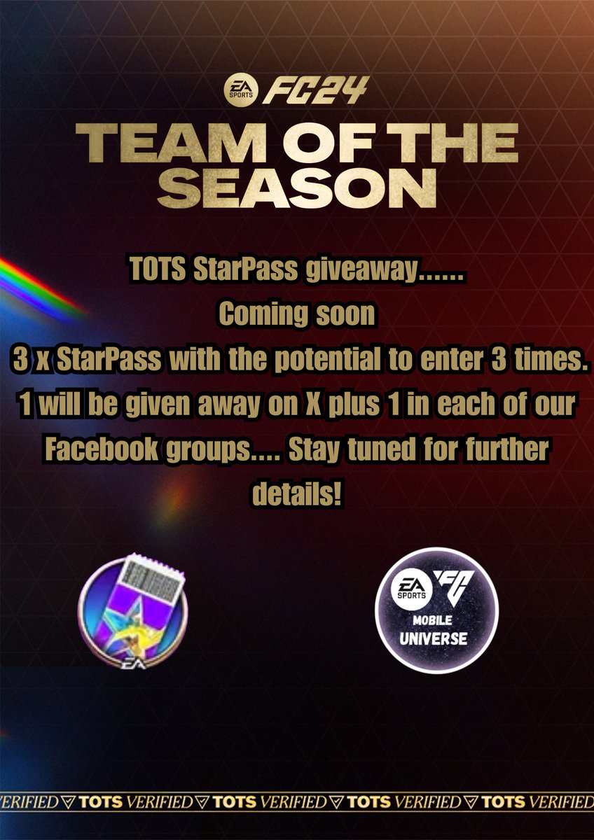 #fc24 #fcmobile #EAFC24 #TOTS 💥 Coming soon..... 3 x StarPass giveaways...... 💥 3 chances to win, 1 on X and 2 on Facebook..... 🎯 Join the Facebook groups today... Links are below..... 🎯 Make sure to like and repost this post and make sure you are following for more info!…