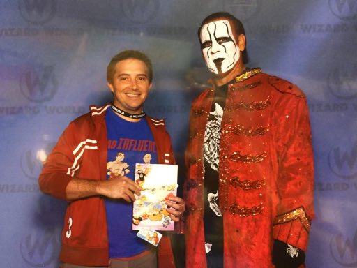 Me and @sting in 2016 when I gave him a copy of Aw Yeah Comics vs. @FrankieKazarian and @facdaniels (by @artbaltazar & @awyeahfranco with some art by me). I hope he read it. I should ask him this weekend during @c2e2! He’ll be there! I’ll be there! @DaveScheidt will be there!