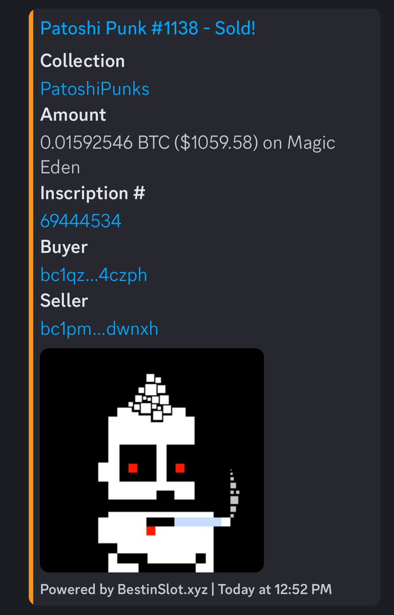 PatoshiPunks's tweet photo. PatoshiPunk #1138 just sold for 0.016 BTC ($1,059.58 USD) on MagicEden 🏷️
#PatoshiSales #PP👣 https://t.co/ItT5EK0xcv