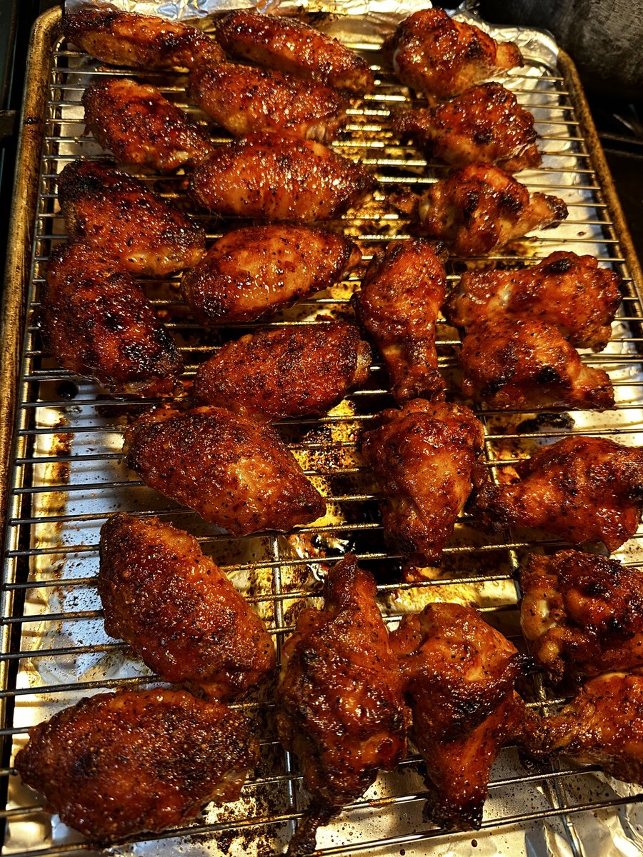 Cherry wood smoked wings with a cherry-habanero glaze. Rub was cherry smoked salt, black pepper and garlic powder. Glaze is 90% cherry preserves mixed with 10% habanero steeped white vinegar to thin it then strained. Let me grab a beer and I’ll report back-or take a nap!