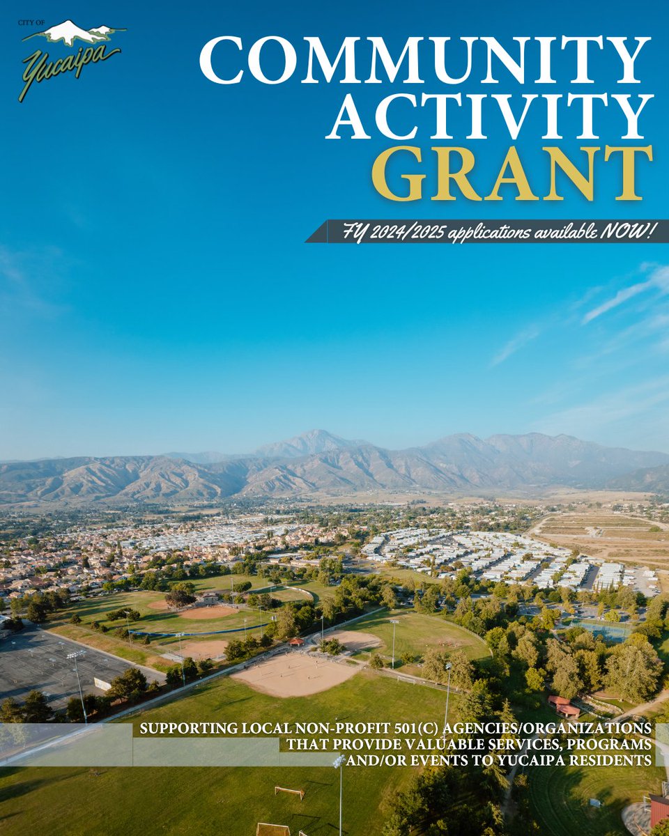 The City of Yucaipa is now accepting Community Activity Grant (CAG) applications for the Fiscal Year (FY) 2024/25 grant cycle. The application may be accessed on the “Residents” tab of the City’s website at yucaipa.gov.