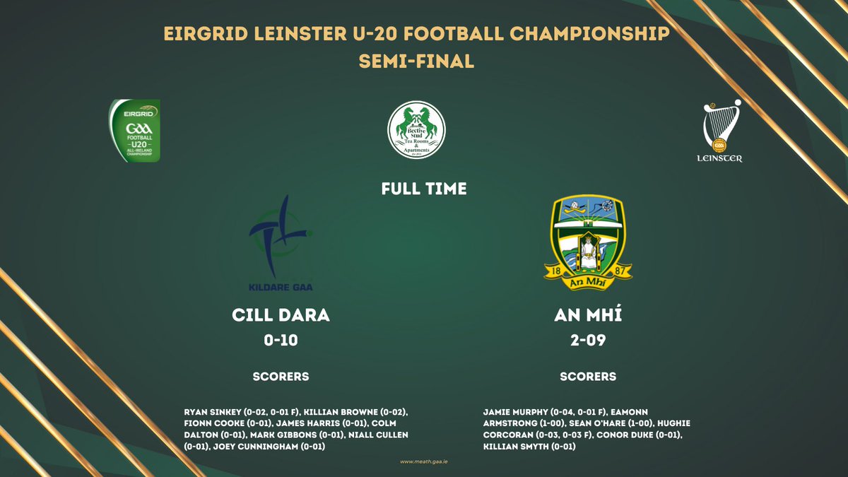 Full time in Manguard Park, Hawkfield and we have defeated Kildare to progress to the EirGrid Leinster U-20 FC Final. @BectiveStud #MeathGAA #BectiveStud