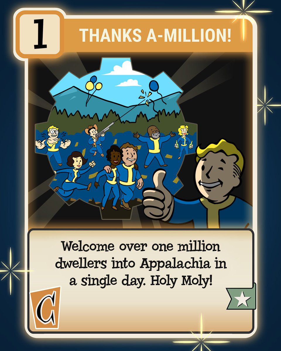 Batemos 1 milhão de jogadores num único dia em #Fallout76! 🥳 Ficamos imensamente agradecidos e que todos vocês se divirtam pelos Ermos! 💛 💙 ✨